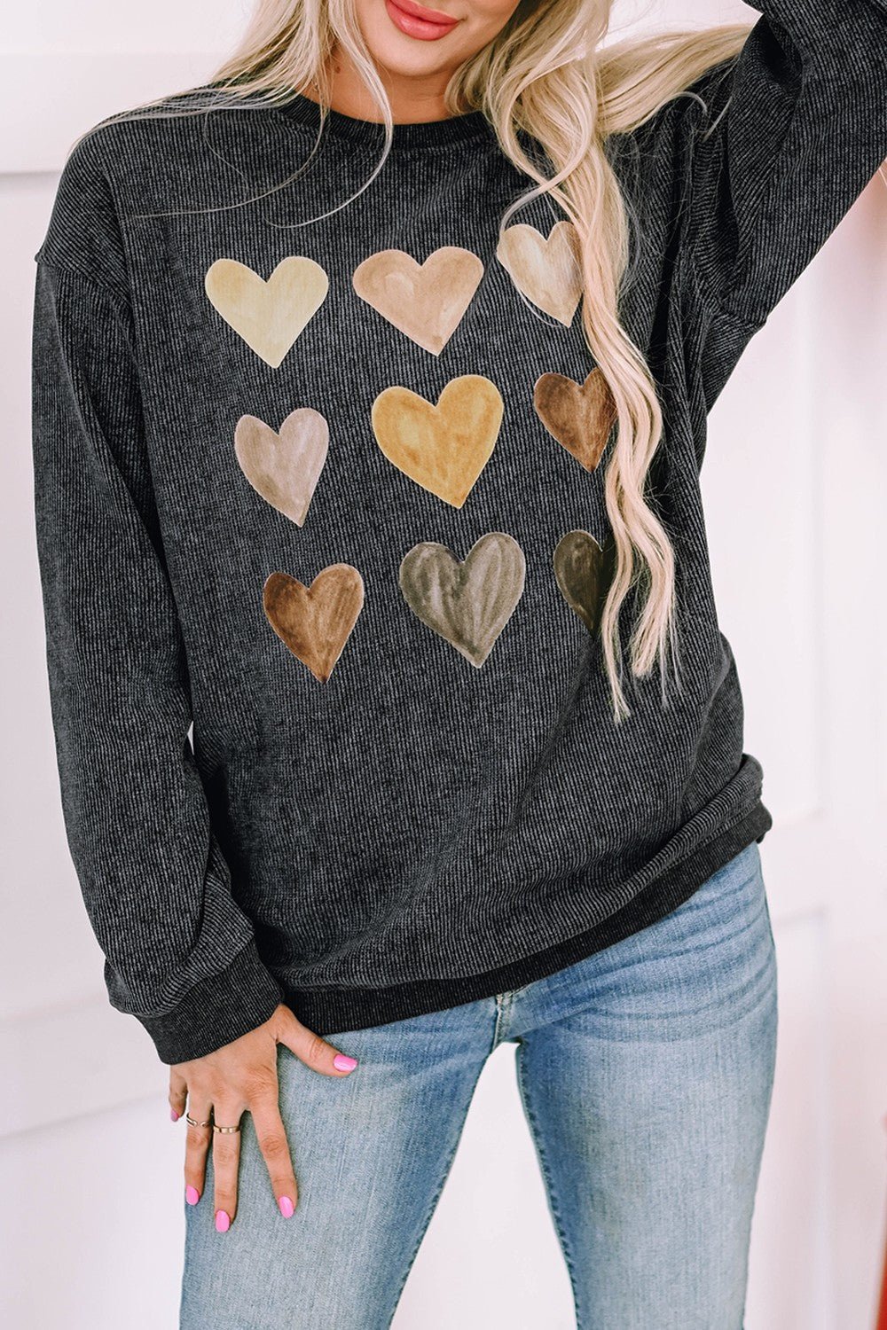 Heart Round Neck Dropped Shoulder Sweatshirt - Ormond Beach Boutique