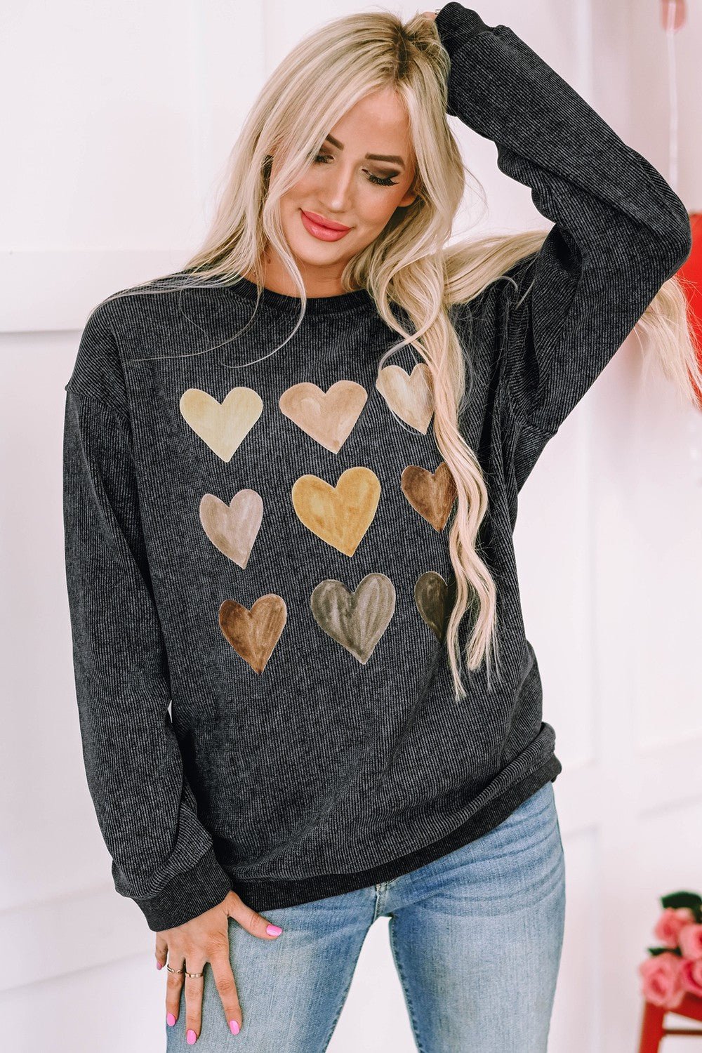 Heart Round Neck Dropped Shoulder Sweatshirt - Ormond Beach Boutique