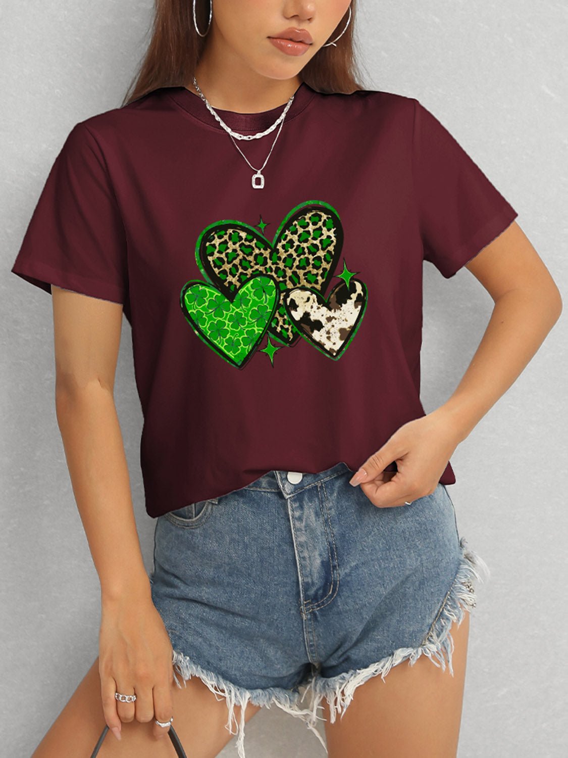 Heart Round Neck Short Sleeve T-Shirt - Ormond Beach Boutique