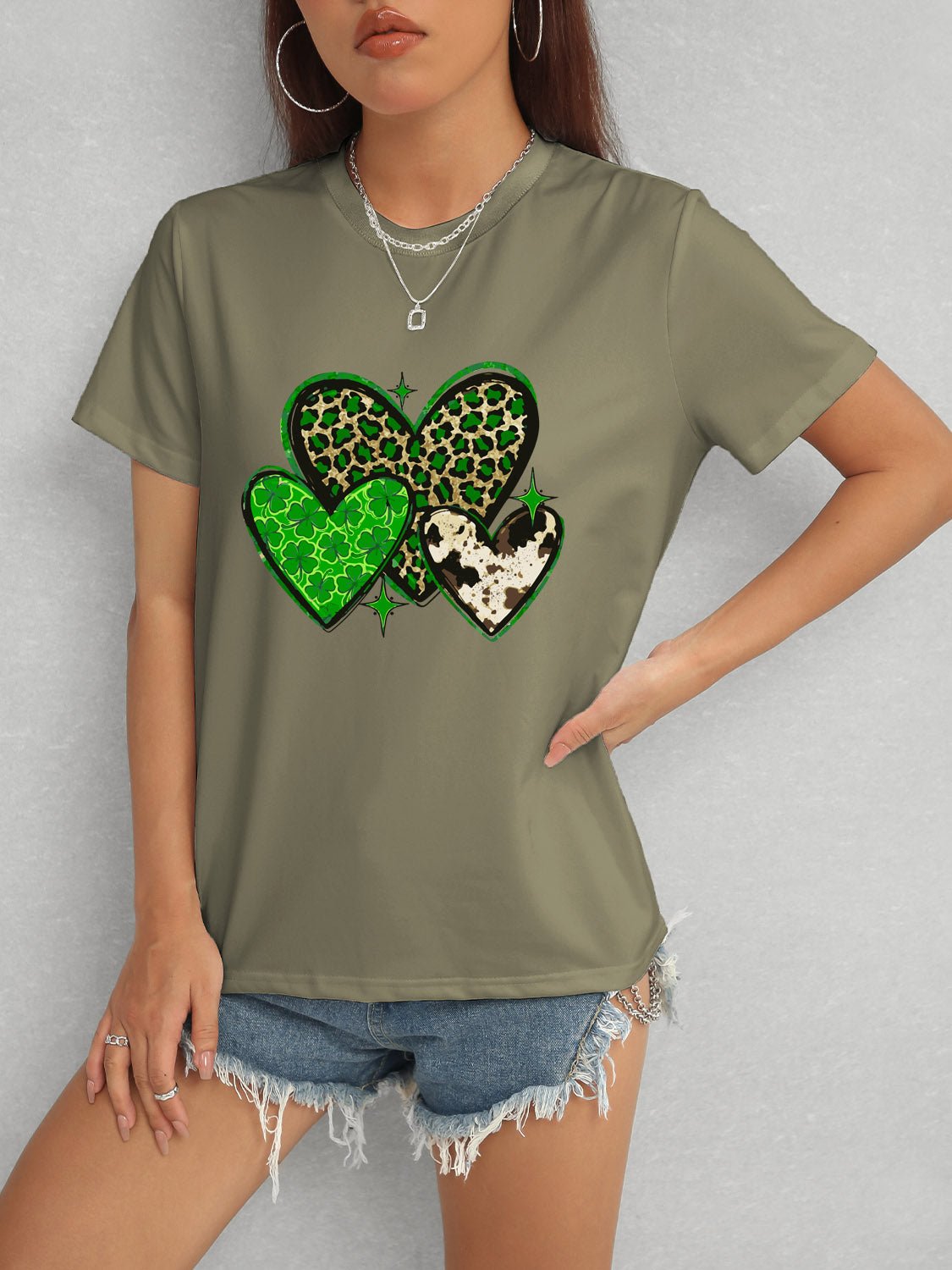 Heart Round Neck Short Sleeve T-Shirt - Ormond Beach Boutique