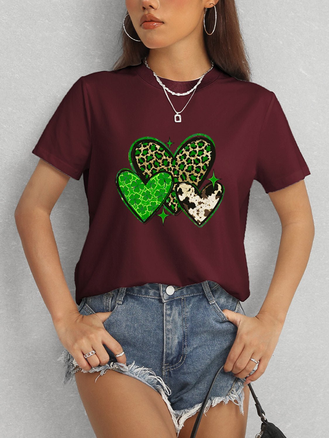 Heart Round Neck Short Sleeve T-Shirt - Ormond Beach Boutique