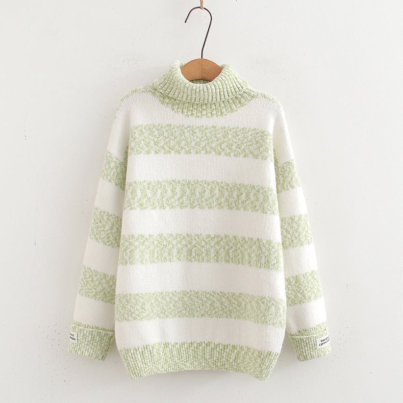 Japanese Style Half Turtleneck Pullover Long Sleeve Knitted Sweater Striped Contrast Color Ladies - Ormond Beach Boutique