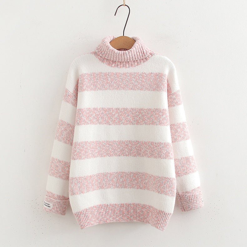 Japanese Style Half Turtleneck Pullover Long Sleeve Knitted Sweater Striped Contrast Color Ladies - Ormond Beach Boutique