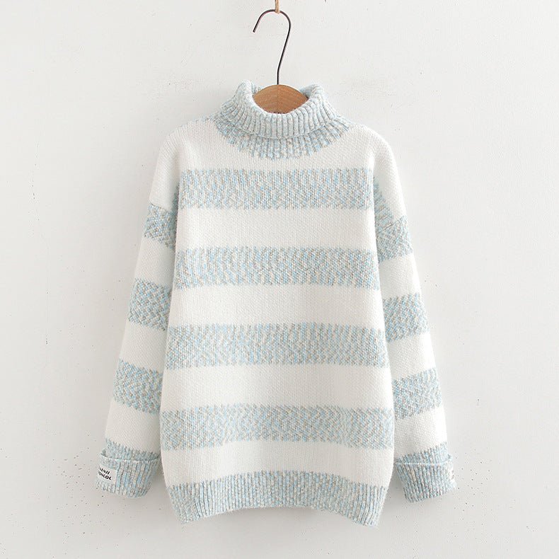 Japanese Style Half Turtleneck Pullover Long Sleeve Knitted Sweater Striped Contrast Color Ladies - Ormond Beach Boutique