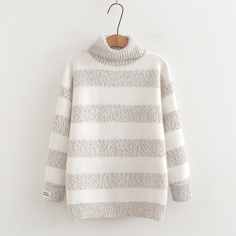 Japanese Style Half Turtleneck Pullover Long Sleeve Knitted Sweater Striped Contrast Color Ladies - Ormond Beach Boutique