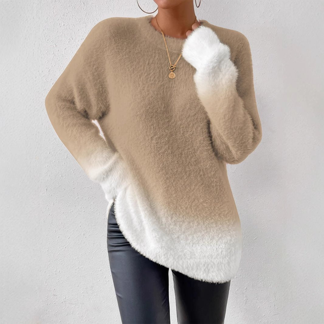 Lady Temperament Woolen Gradient Top Fashion Round Neck Sweater - Ormond Beach Boutique