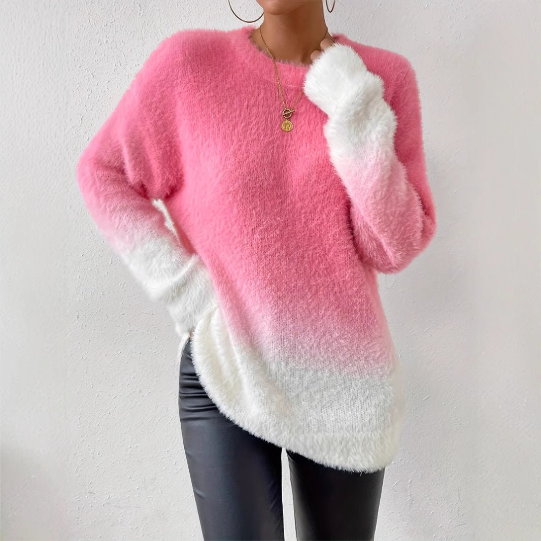 Lady Temperament Woolen Gradient Top Fashion Round Neck Sweater - Ormond Beach Boutique