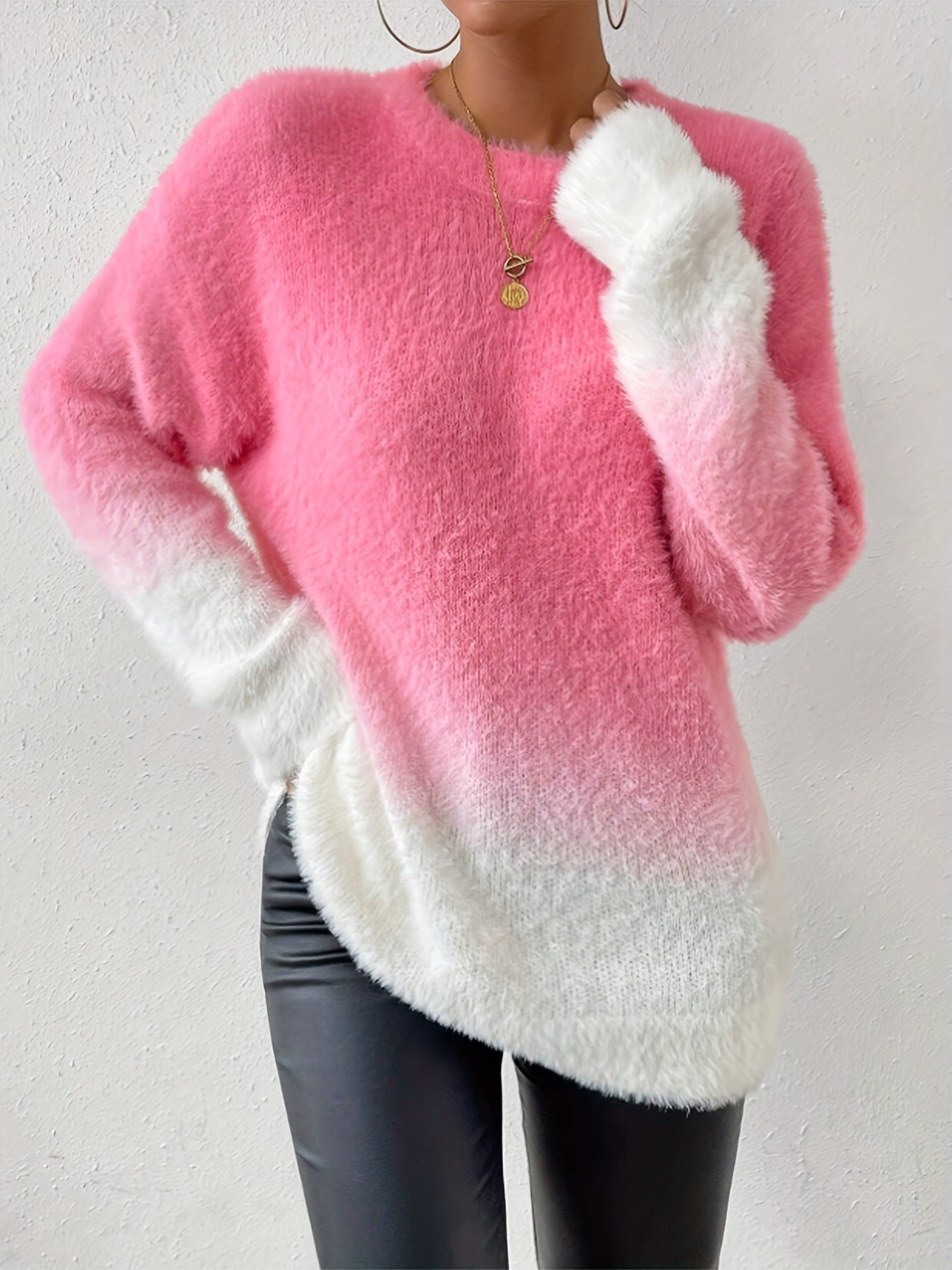 Lady Temperament Woolen Gradient Top Fashion Round Neck Sweater - Ormond Beach Boutique