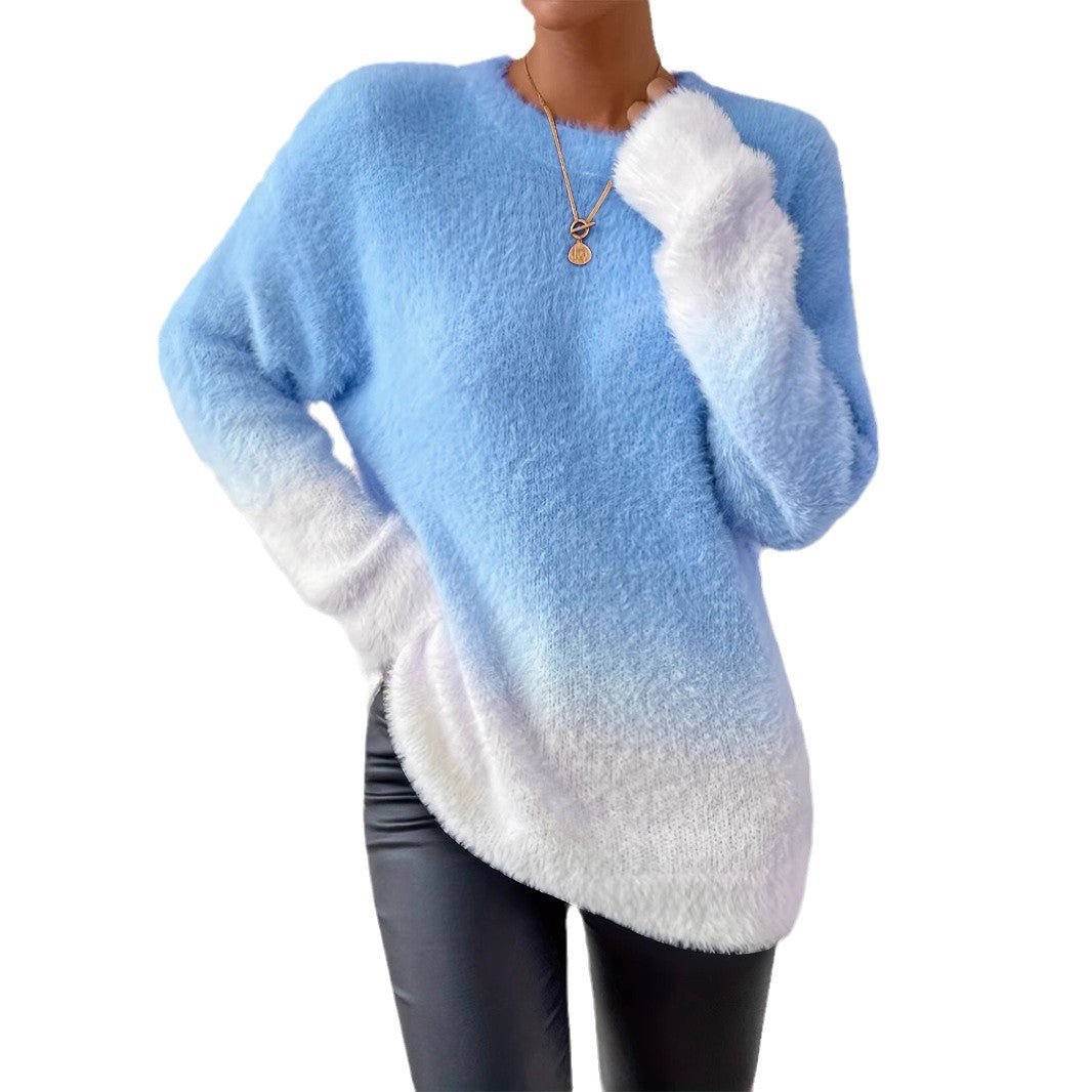 Lady Temperament Woolen Gradient Top Fashion Round Neck Sweater - Ormond Beach Boutique