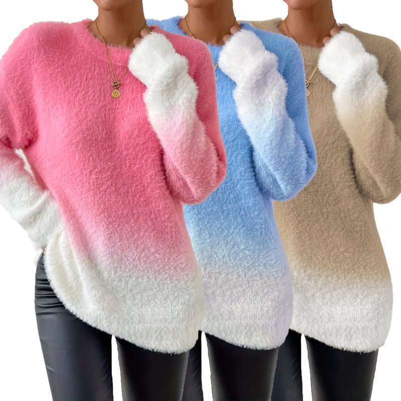 Lady Temperament Woolen Gradient Top Fashion Round Neck Sweater - Ormond Beach Boutique