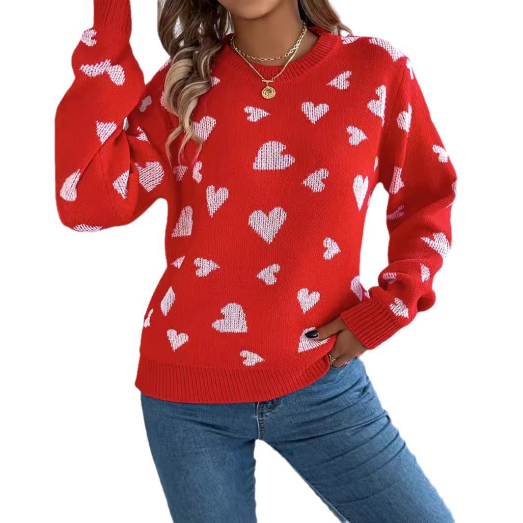 Leisure Round Neck Contrast Color Love Long Sleeve Pullover - Ormond Beach Boutique