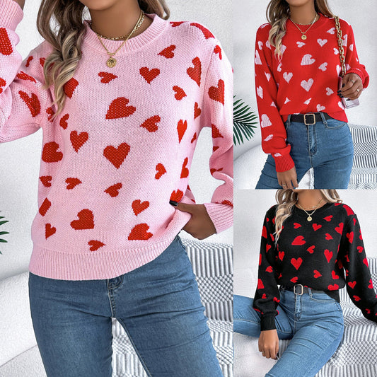 Leisure Round Neck Contrast Color Love Long Sleeve Pullover - Ormond Beach Boutique