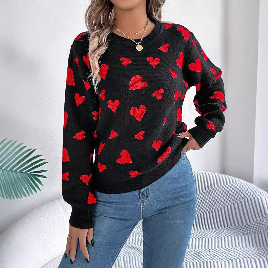 Leisure Round Neck Contrast Color Love Long Sleeve Pullover - Ormond Beach Boutique