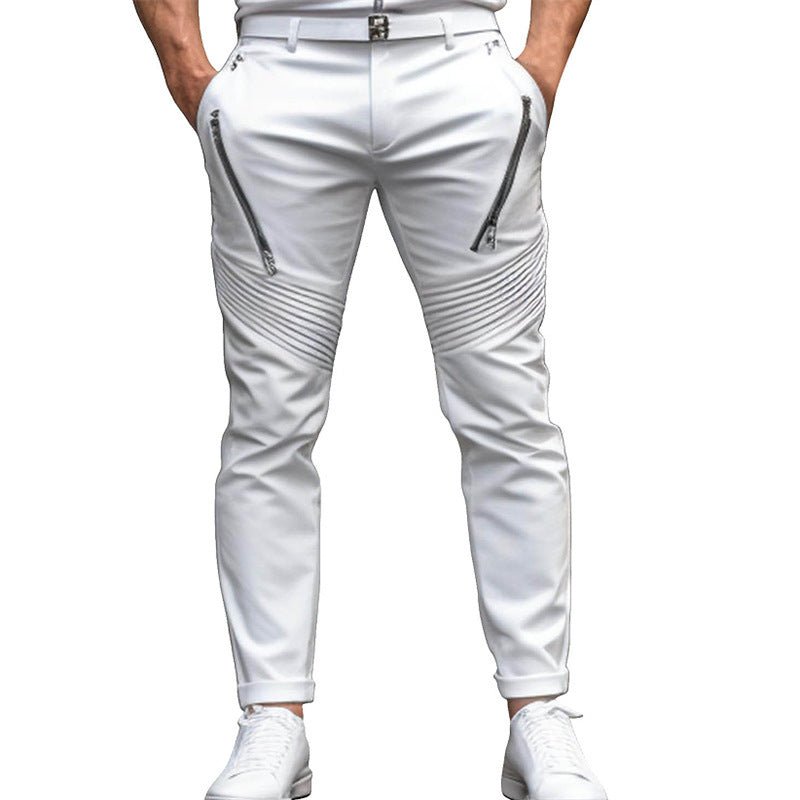 Men's Fashion Street Daily Solid Color Zipper Pleated Slim Fit Stretch Pencil Skinny Pants - Ormond Beach Boutique