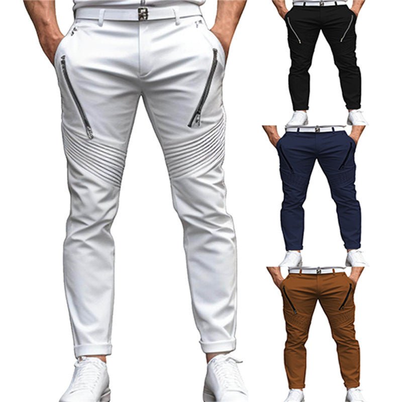 Men's Fashion Street Daily Solid Color Zipper Pleated Slim Fit Stretch Pencil Skinny Pants - Ormond Beach Boutique