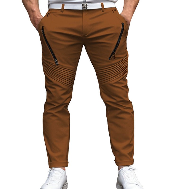 Men's Fashion Street Daily Solid Color Zipper Pleated Slim Fit Stretch Pencil Skinny Pants - Ormond Beach Boutique