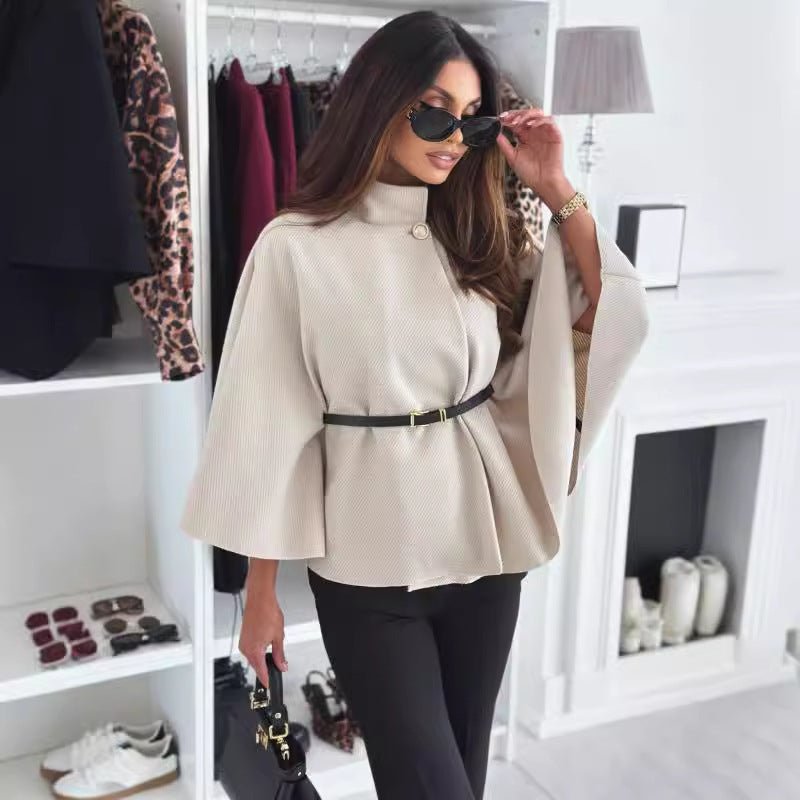 New Stand Collar Batwing Sleeves Cloak Top With Belt Ins Fashion Temperament Jacket Woolen Sweater Outwear For Women Clothing - Ormond Beach Boutique