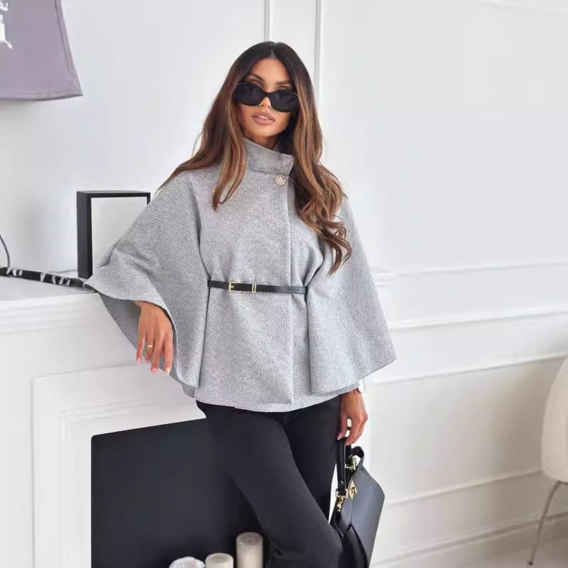 New Stand Collar Batwing Sleeves Cloak Top With Belt Ins Fashion Temperament Jacket Woolen Sweater Outwear For Women Clothing - Ormond Beach Boutique