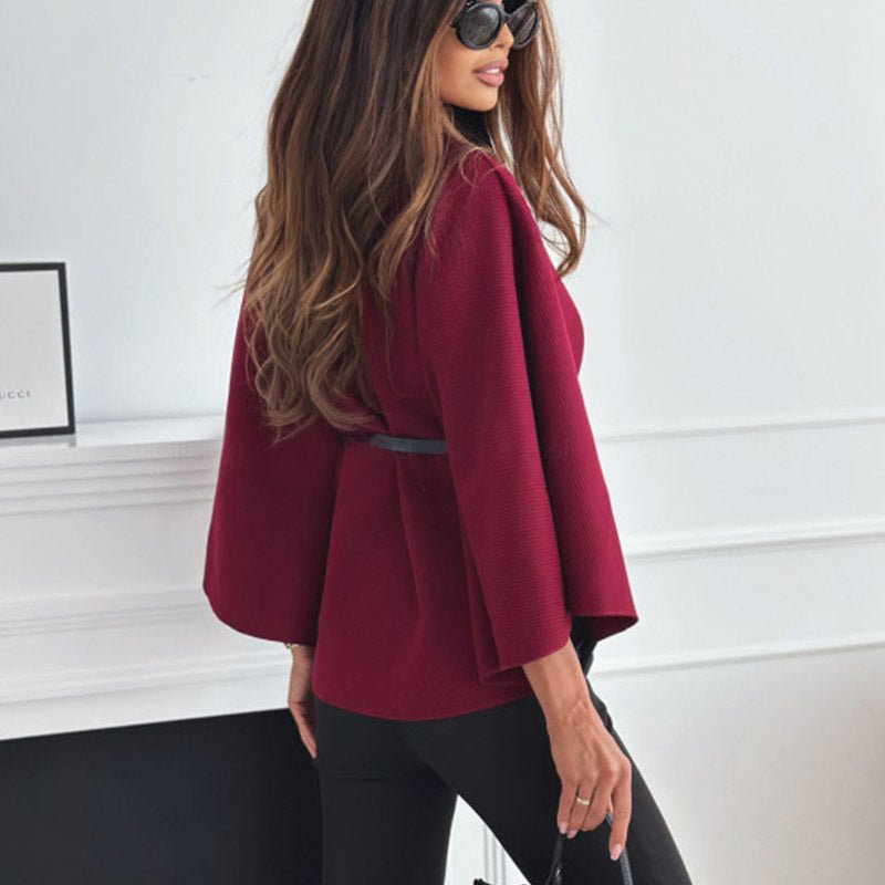 New Stand Collar Batwing Sleeves Cloak Top With Belt Ins Fashion Temperament Jacket Woolen Sweater Outwear For Women Clothing - Ormond Beach Boutique