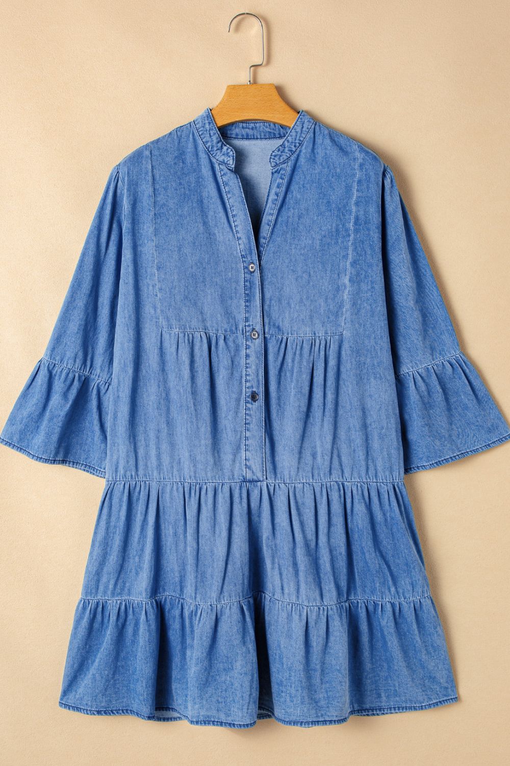 Notched Three - Quarter Sleeve Denim Dress - Ormond Beach Boutique