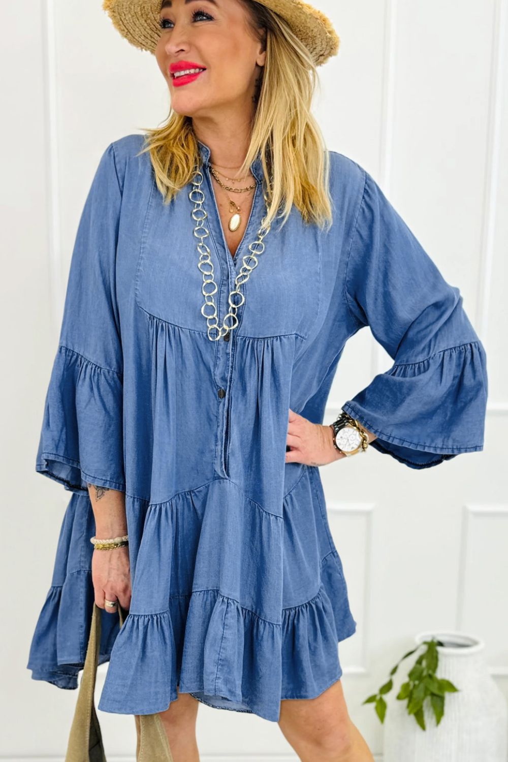 Notched Three - Quarter Sleeve Denim Dress - Ormond Beach Boutique