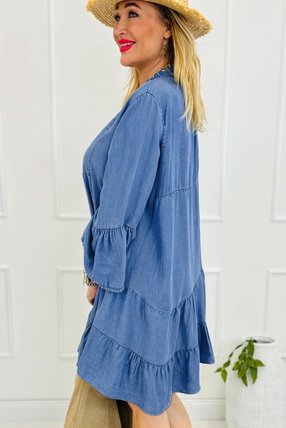 Notched Three - Quarter Sleeve Denim Dress - Ormond Beach Boutique