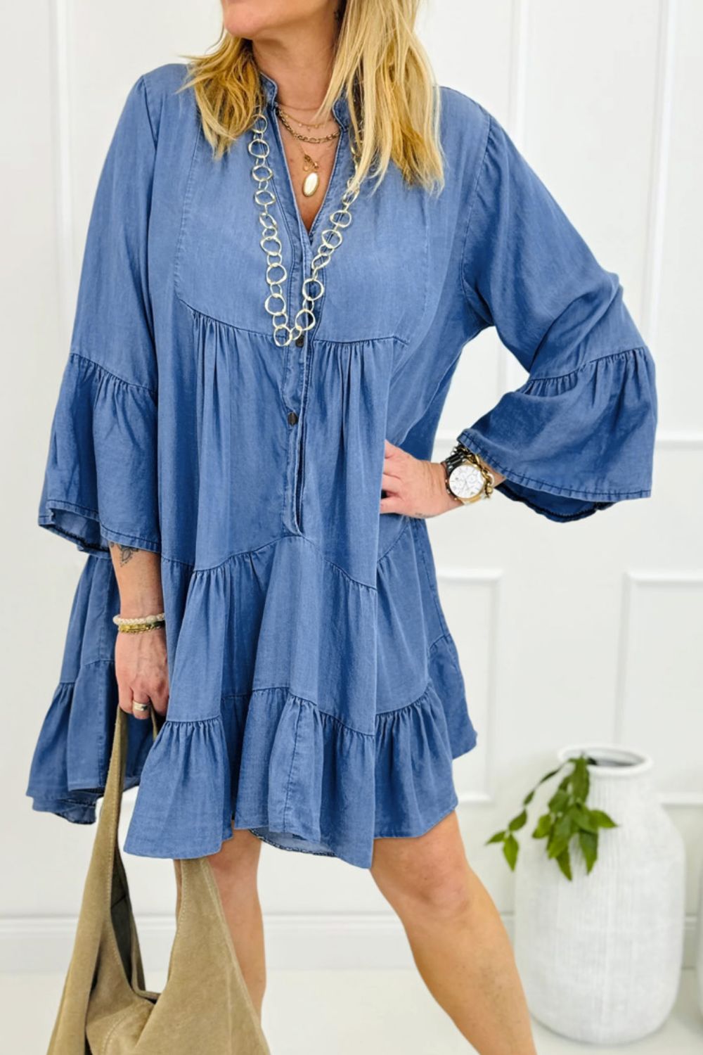 Notched Three - Quarter Sleeve Denim Dress - Ormond Beach Boutique