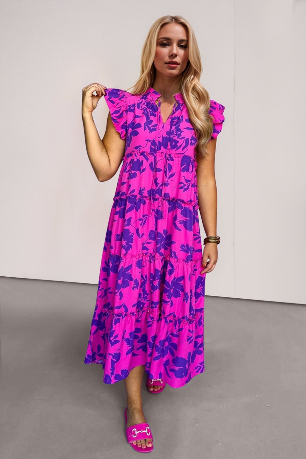 Oh Full Size Ruffled Printed Notched Cap Sleeve Midi Dress - Ormond Beach Boutique