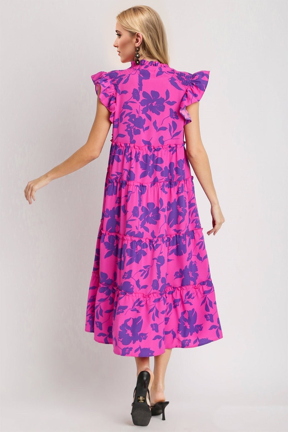 Oh Full Size Ruffled Printed Notched Cap Sleeve Midi Dress - Ormond Beach Boutique