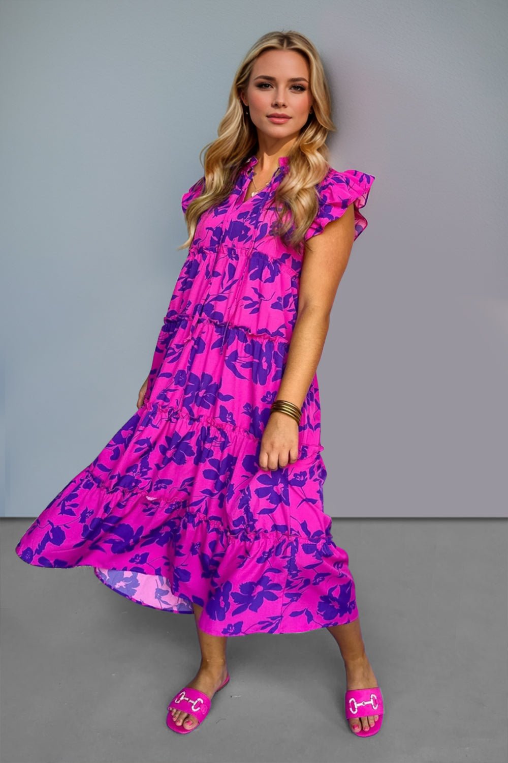 Oh Full Size Ruffled Printed Notched Cap Sleeve Midi Dress - Ormond Beach Boutique