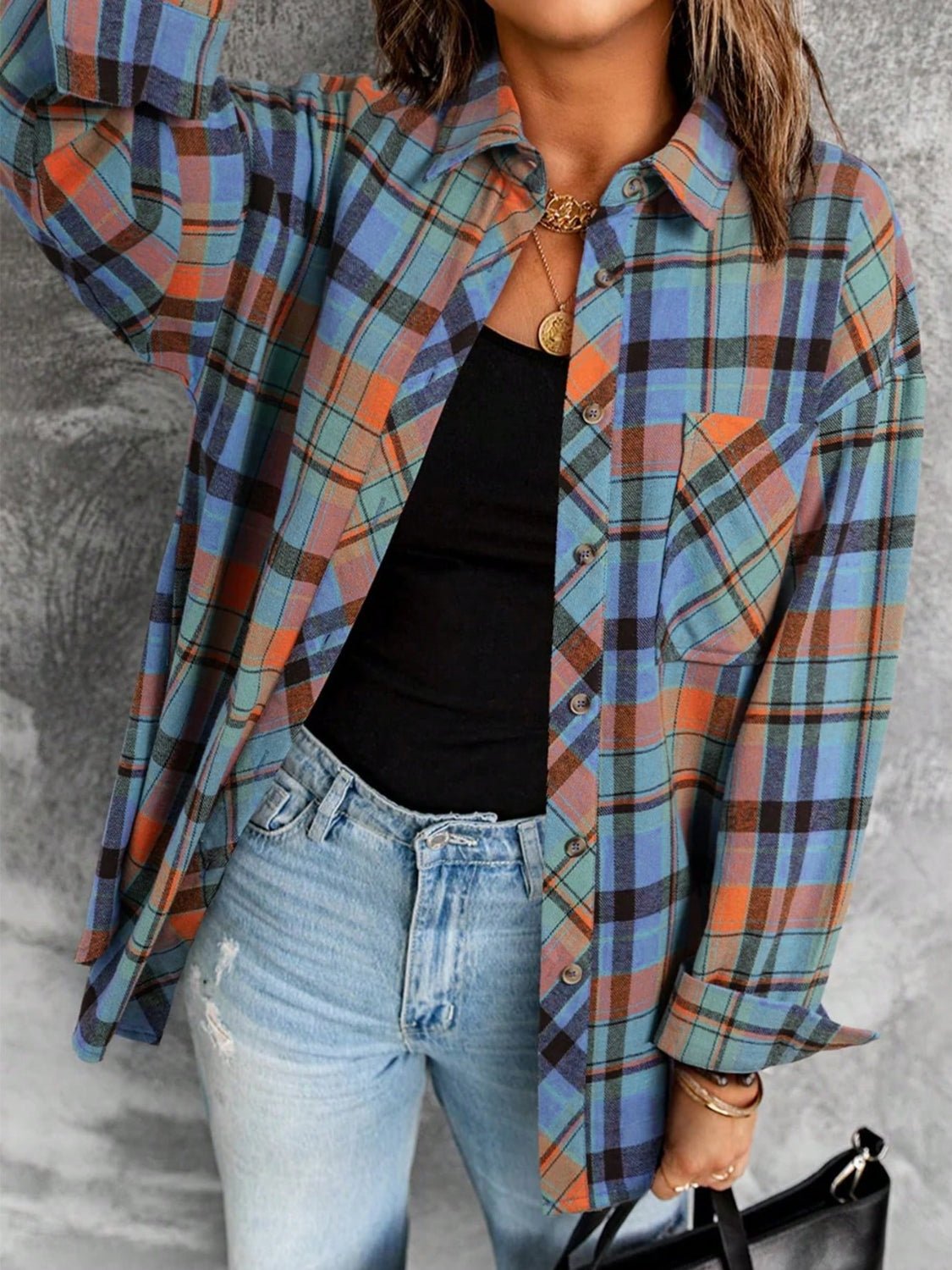 Plaid Collared Neck Long Sleeve Shirt - Ormond Beach Boutique