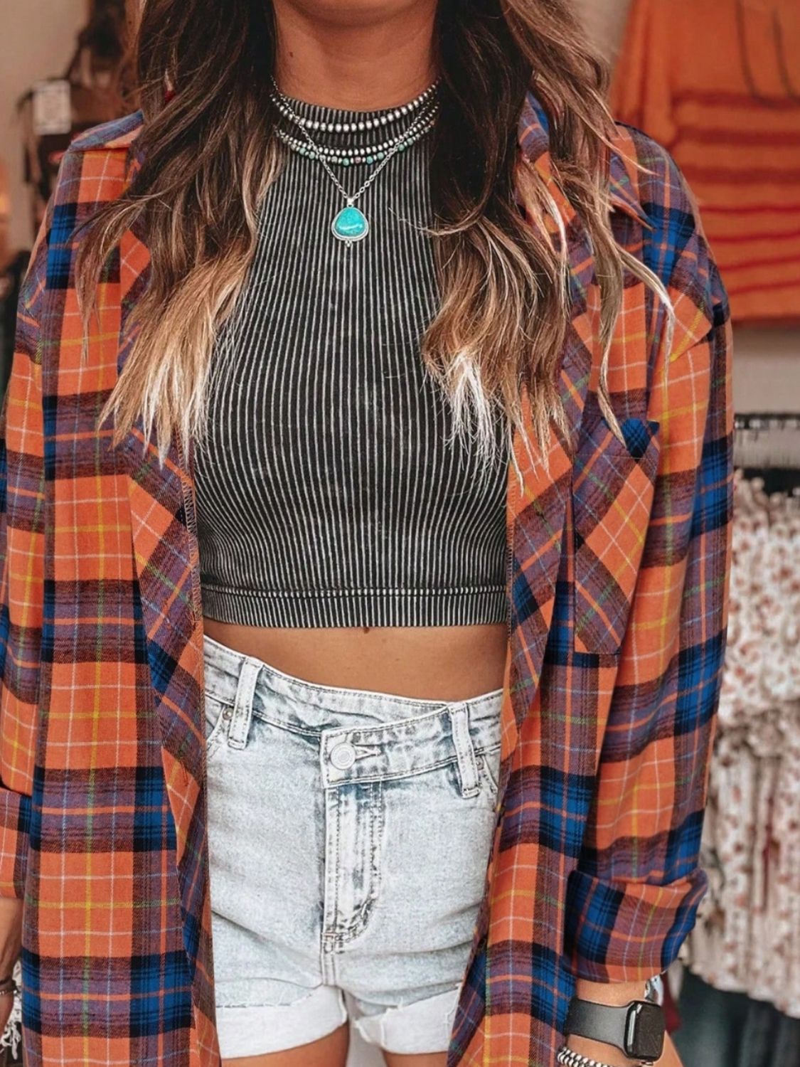 Plaid Collared Neck Long Sleeve Shirt - Ormond Beach Boutique