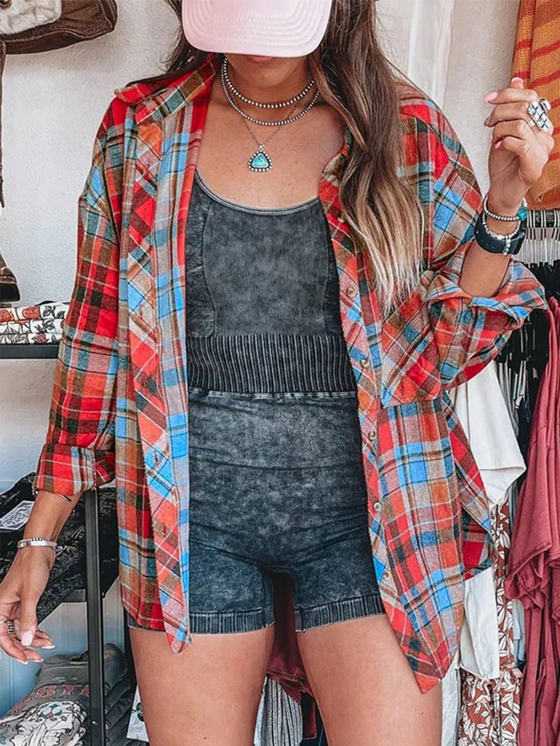 Plaid Collared Neck Long Sleeve Shirt - Ormond Beach Boutique