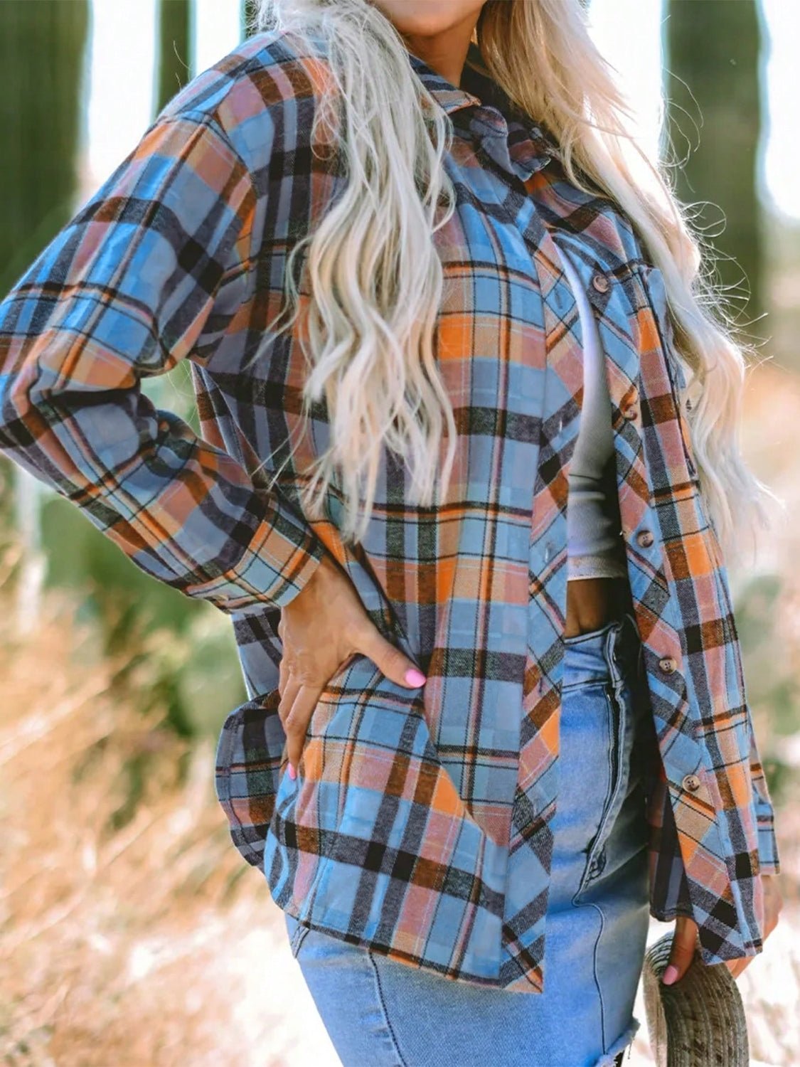 Plaid Collared Neck Long Sleeve Shirt - Ormond Beach Boutique