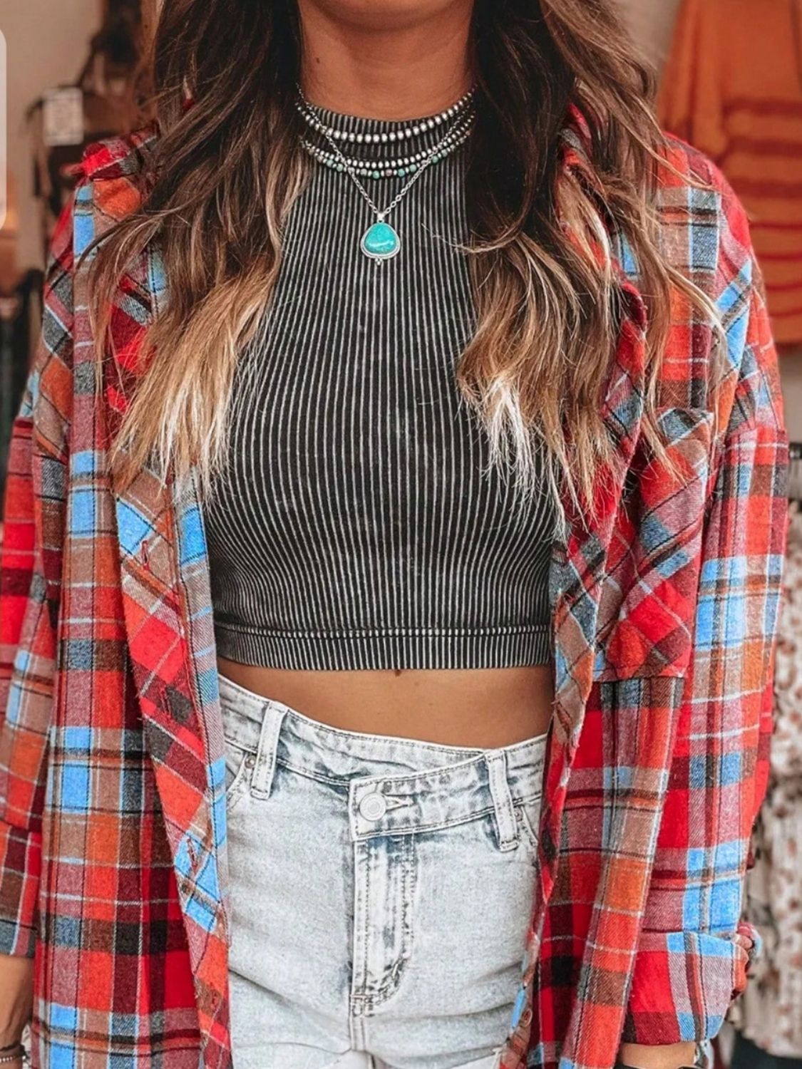 Plaid Collared Neck Long Sleeve Shirt - Ormond Beach Boutique