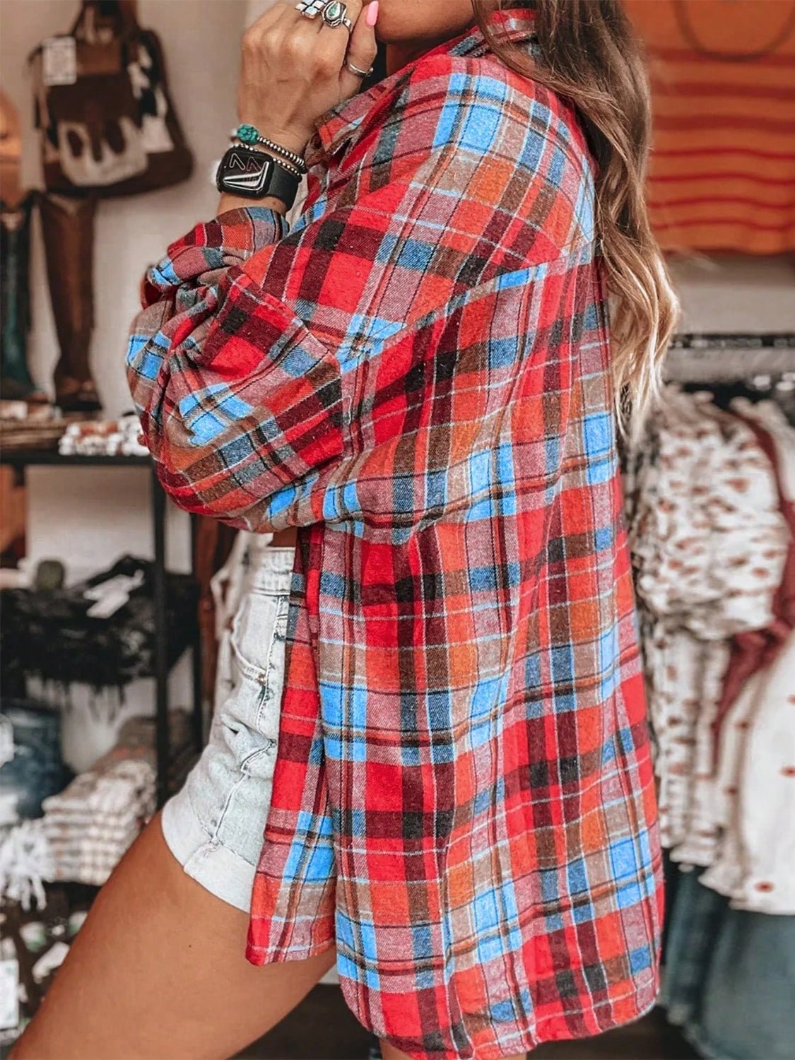 Plaid Collared Neck Long Sleeve Shirt - Ormond Beach Boutique