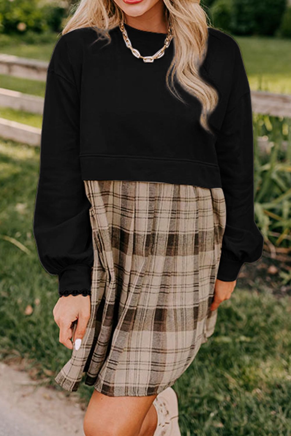 Plaid Round Neck Long Sleeve Mini Dress - Ormond Beach Boutique