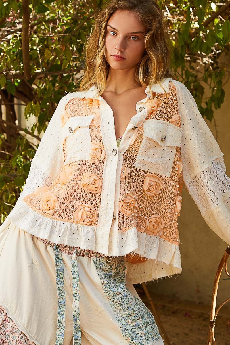 POL Eyelet Flower Pearl Detail Lace Patchwork Shirt - Ormond Beach Boutique