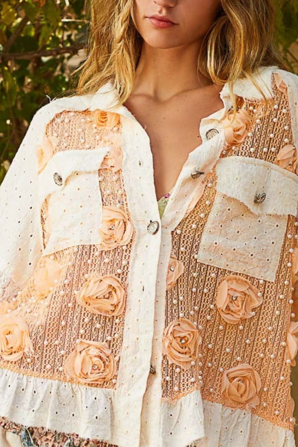 POL Eyelet Flower Pearl Detail Lace Patchwork Shirt - Ormond Beach Boutique