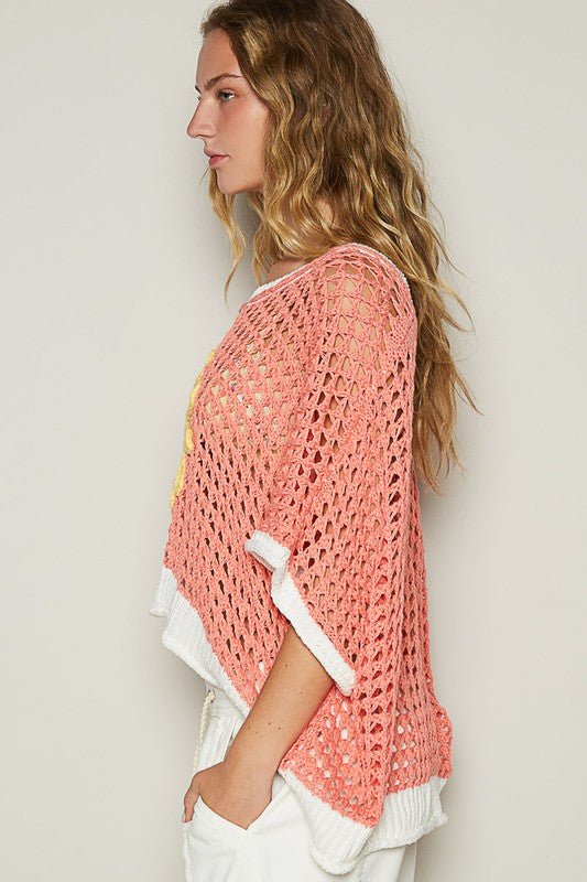 POL Hollow Out Flower Half Sleeve Knit Cover Up - Ormond Beach Boutique