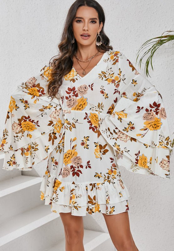 Printed V - Neck Flare Sleeve Mini Dress - Ormond Beach Boutique