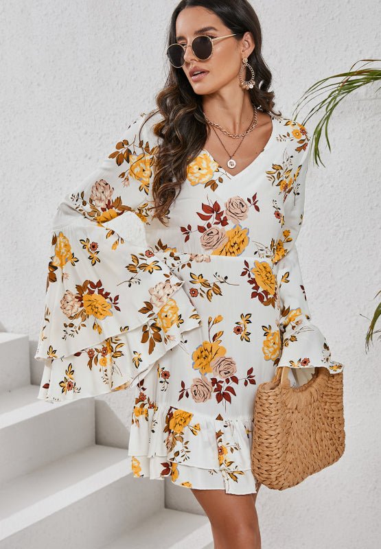 Printed V - Neck Flare Sleeve Mini Dress - Ormond Beach Boutique