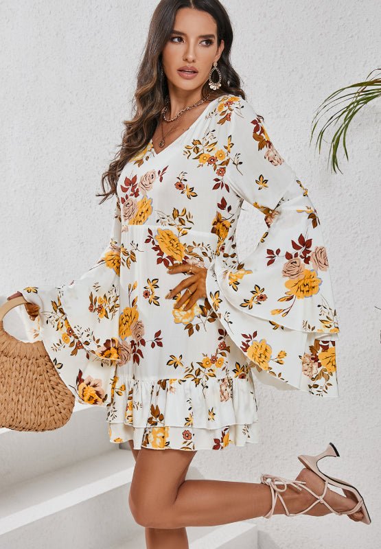 Printed V - Neck Flare Sleeve Mini Dress - Ormond Beach Boutique