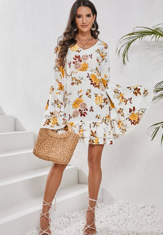 Printed V - Neck Flare Sleeve Mini Dress - Ormond Beach Boutique