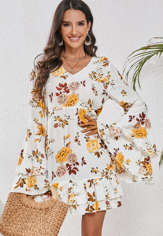 Printed V - Neck Flare Sleeve Mini Dress - Ormond Beach Boutique