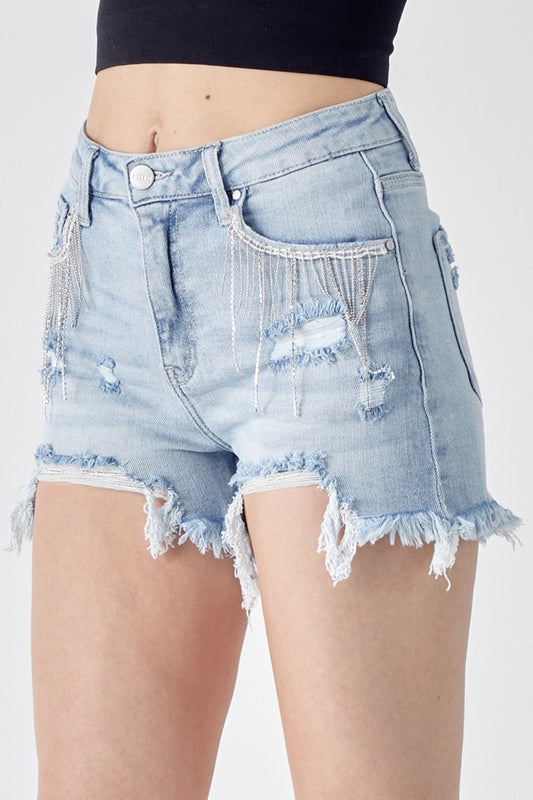 RISEN Frayed Hem Denim Shorts with Fringe Detail Pockets - Ormond Beach Boutique