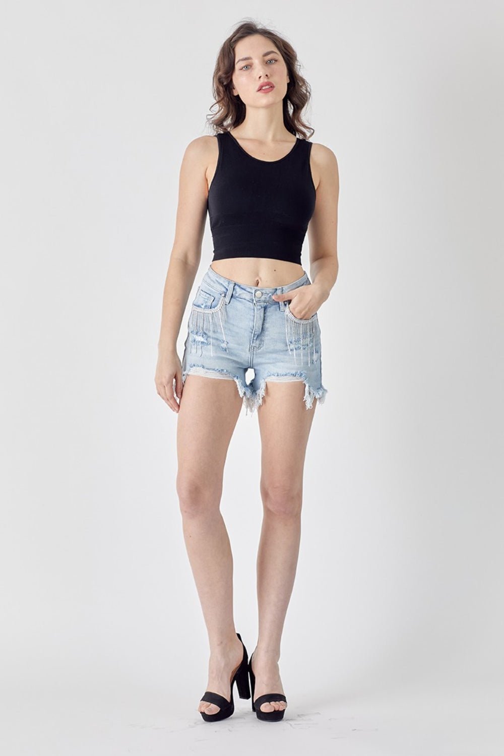 RISEN Frayed Hem Denim Shorts with Fringe Detail Pockets - Ormond Beach Boutique