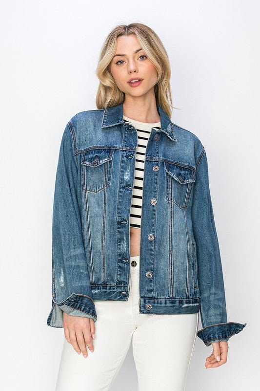 RISEN Full Size Distressed Button Up Jacket - Ormond Beach Boutique