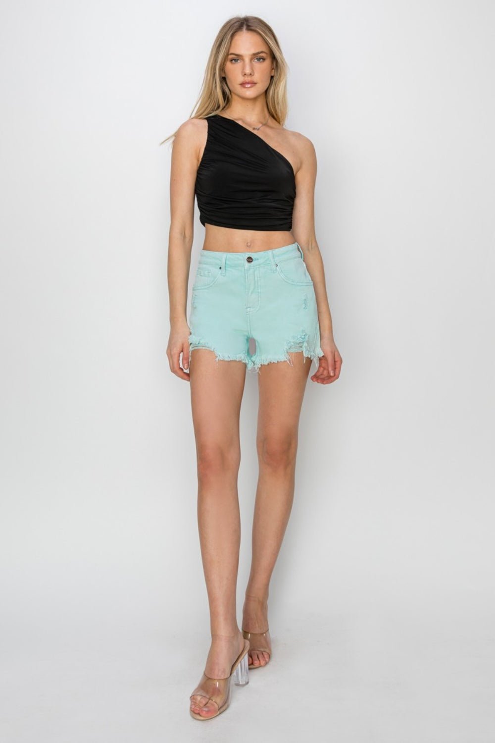 RISEN Mid Waist Frayed Hem Denim Shorts - Ormond Beach Boutique