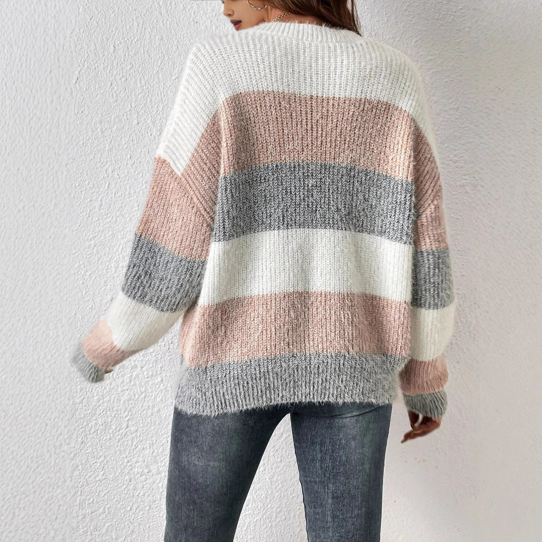 Round Neck Striped Contrast Color Women's Sweater Leisure Pullover - Ormond Beach Boutique